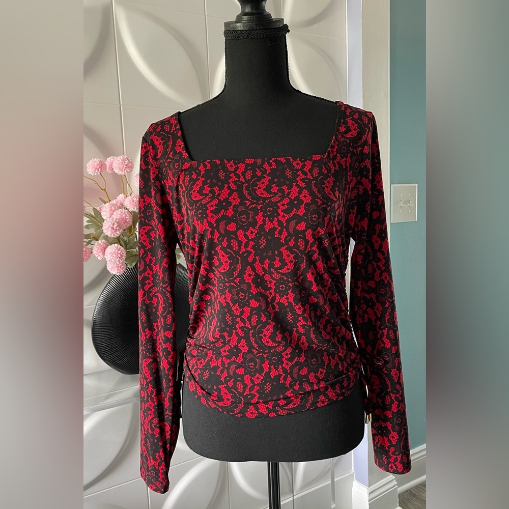 Michael Kors Women's Red & Black Lace Design Long Sleeve Top Size Petite Medium